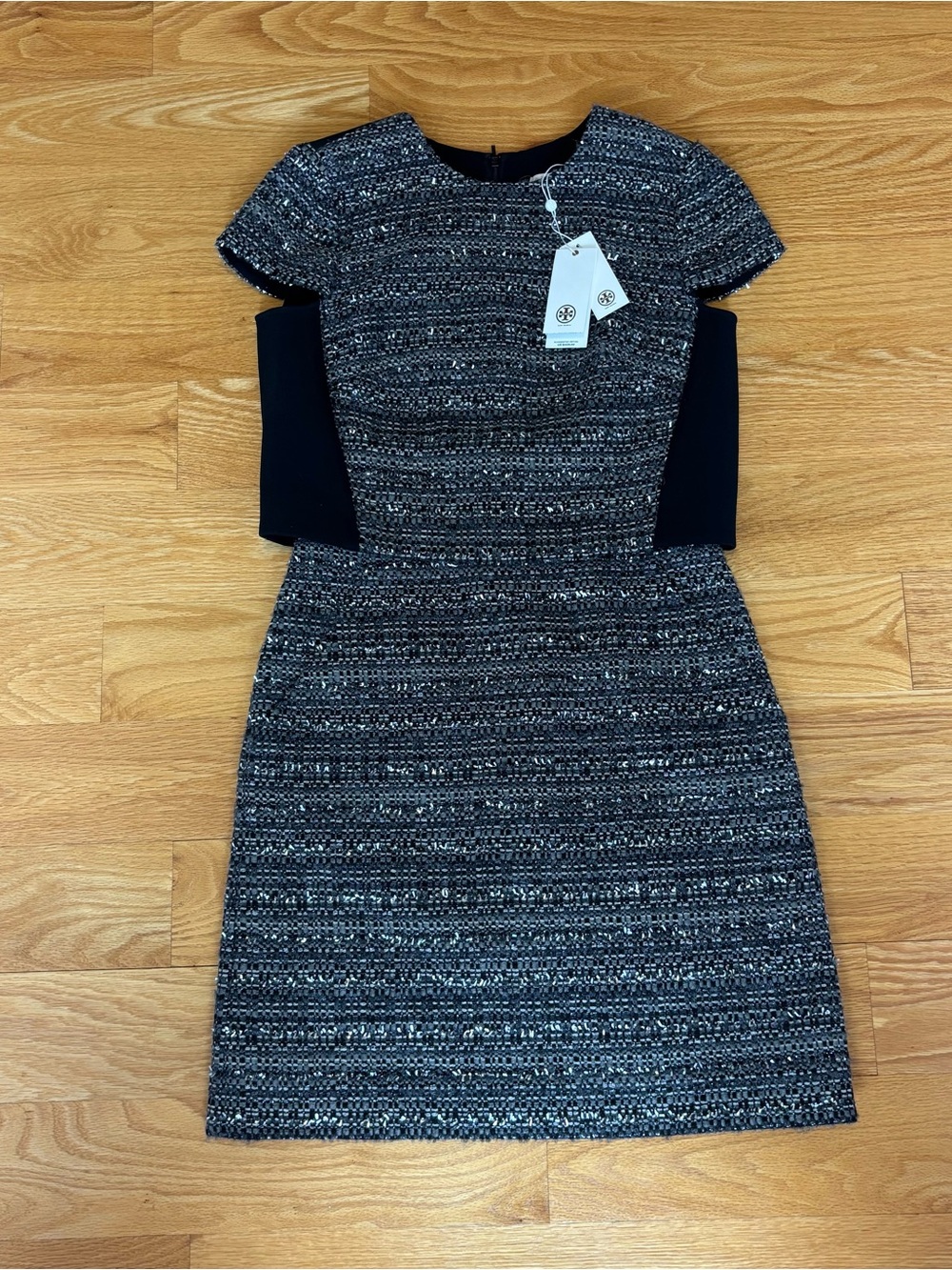 NWT Tory Burch Black & Gray Tweed Short-Sleeve Mini Dress